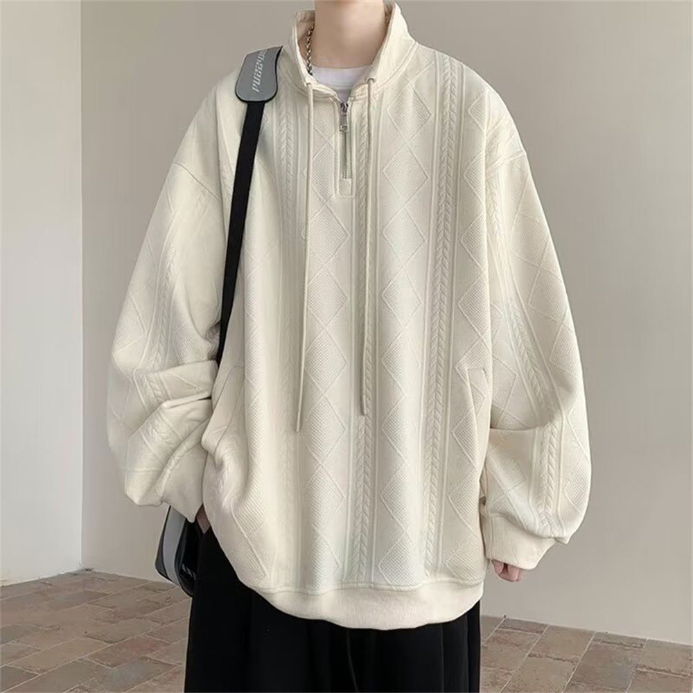 Half Zipper Creamy-white Jacquard Stand Collar Sweater