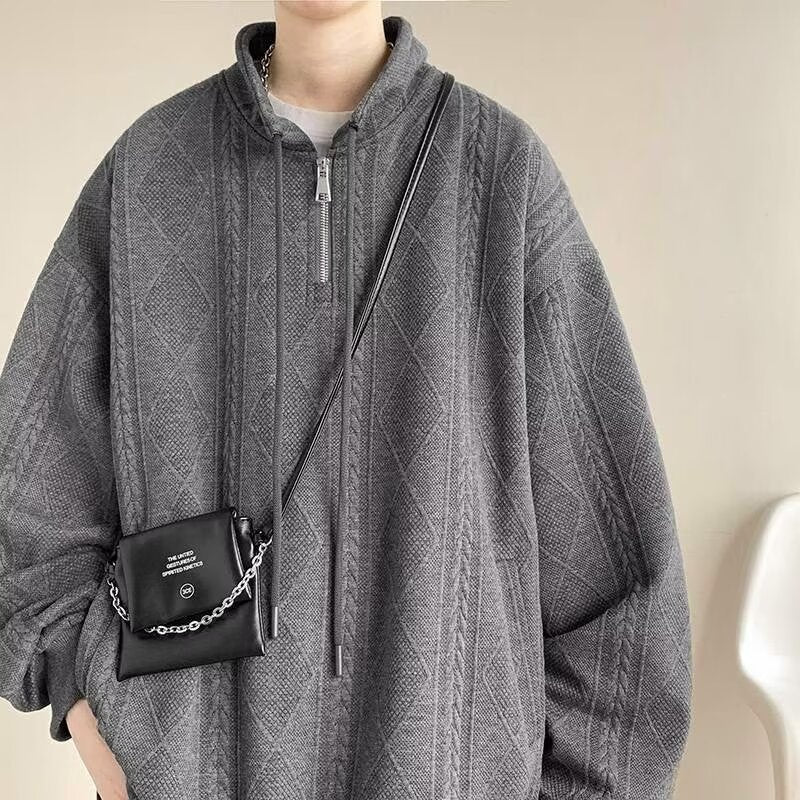 Half Zipper Creamy-white Jacquard Stand Collar Sweater Dark Grey