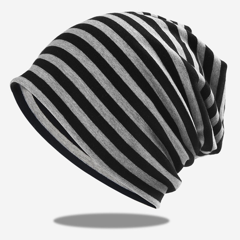 Big Head Circumference Trendy Men Pure Cotton Breathable Pullover Hat Black Stripe Free Size Flexible