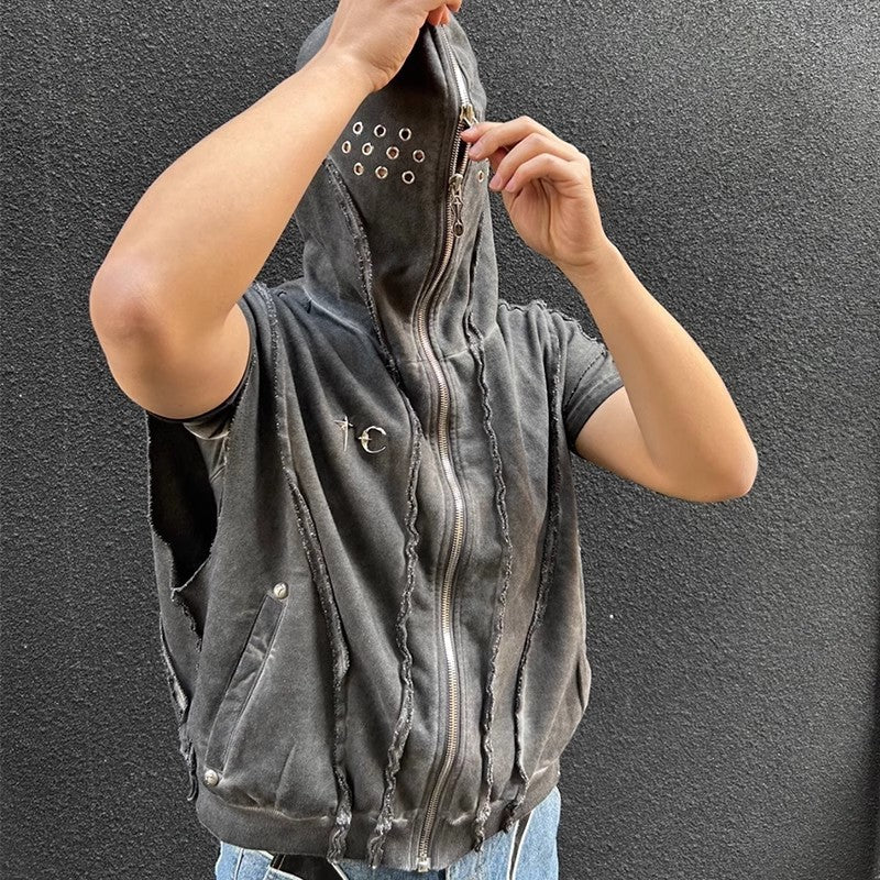 Wash Dirty Dyed Patchwork Sweater Short Sleeveless Hoodie