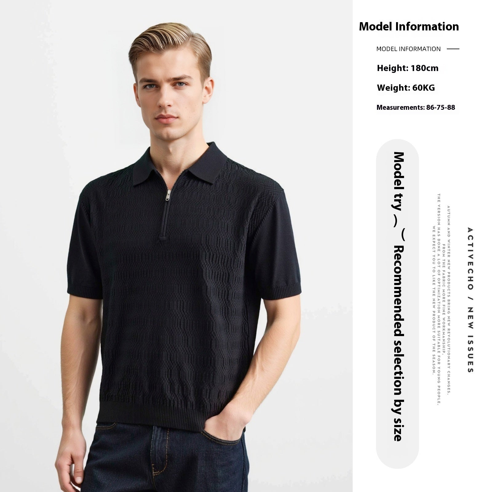Twist Texture Simple Polo Shirt Slim Lapel T-shirt Black