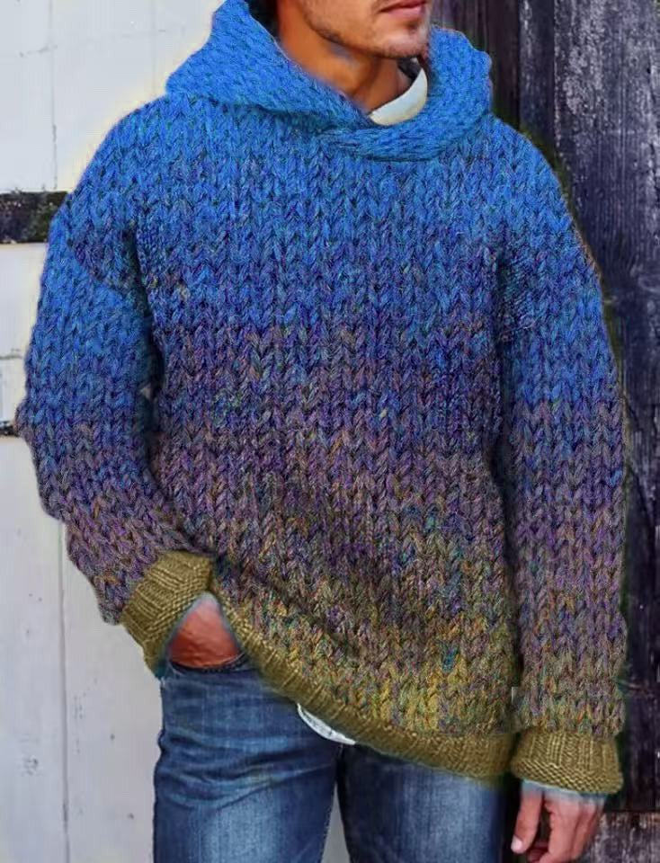 Acetate Fiber Heavy Classic Style Woven Hooded Sweater Blue