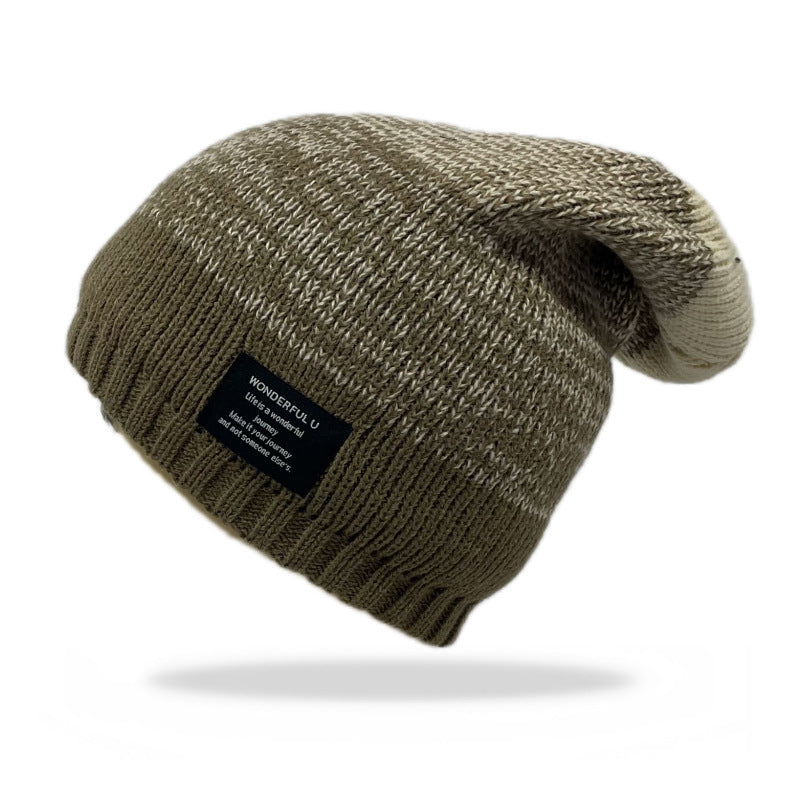Mixed Color Plus Fluff Knitted Hat Khaki Free Size