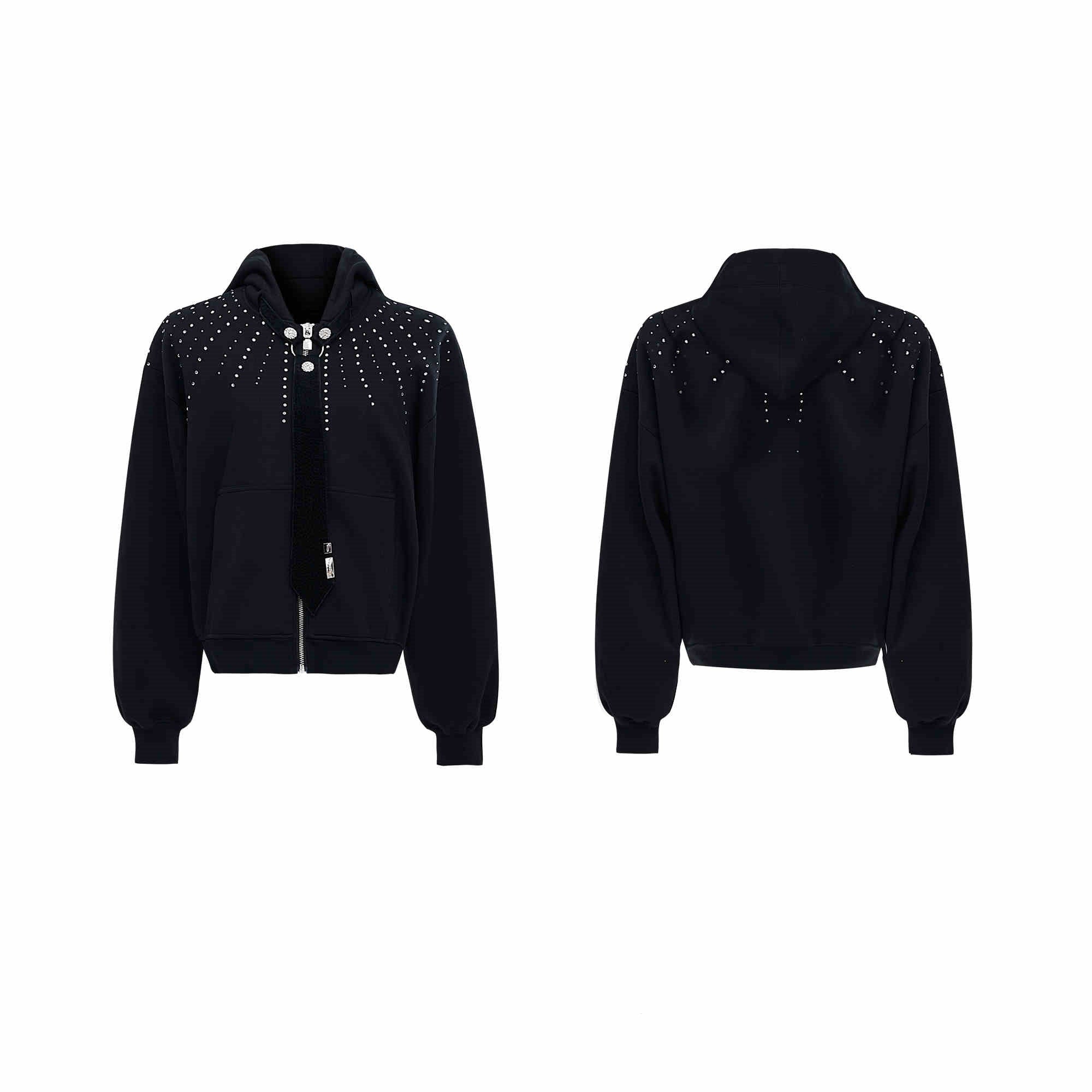 Rhinestone Detachable Tie Hooded Sweater Baggy Coat Black