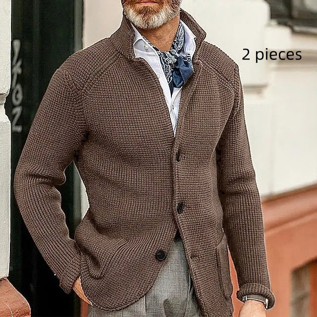 Long-sleeved Knitted Cardigan Stand Collar Sweater Brown 2 pieces