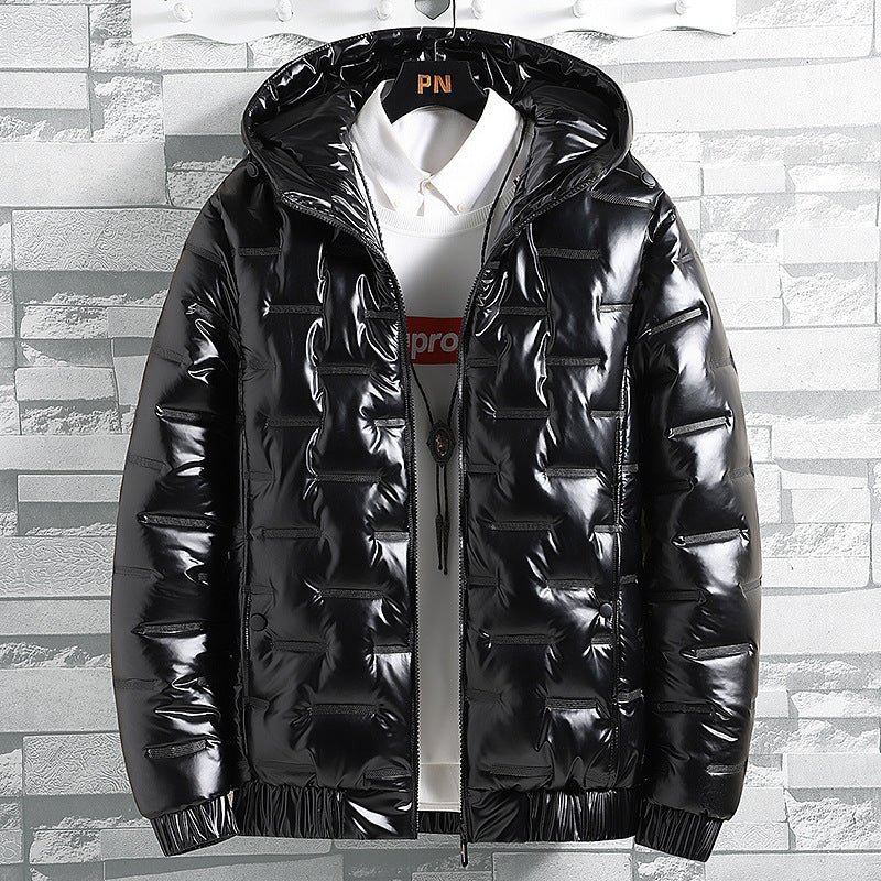 Winter Warm Men's New Hooded Jacket Casual Shiny Cotton Coat Short Black