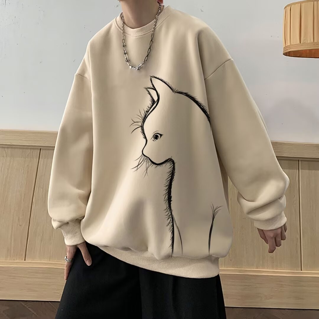 Cat Round Neck Long Sleeve Sweater Apricot
