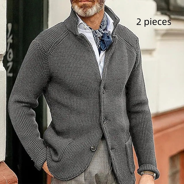 Long-sleeved Knitted Cardigan Stand Collar Sweater Gray 2 pieces
