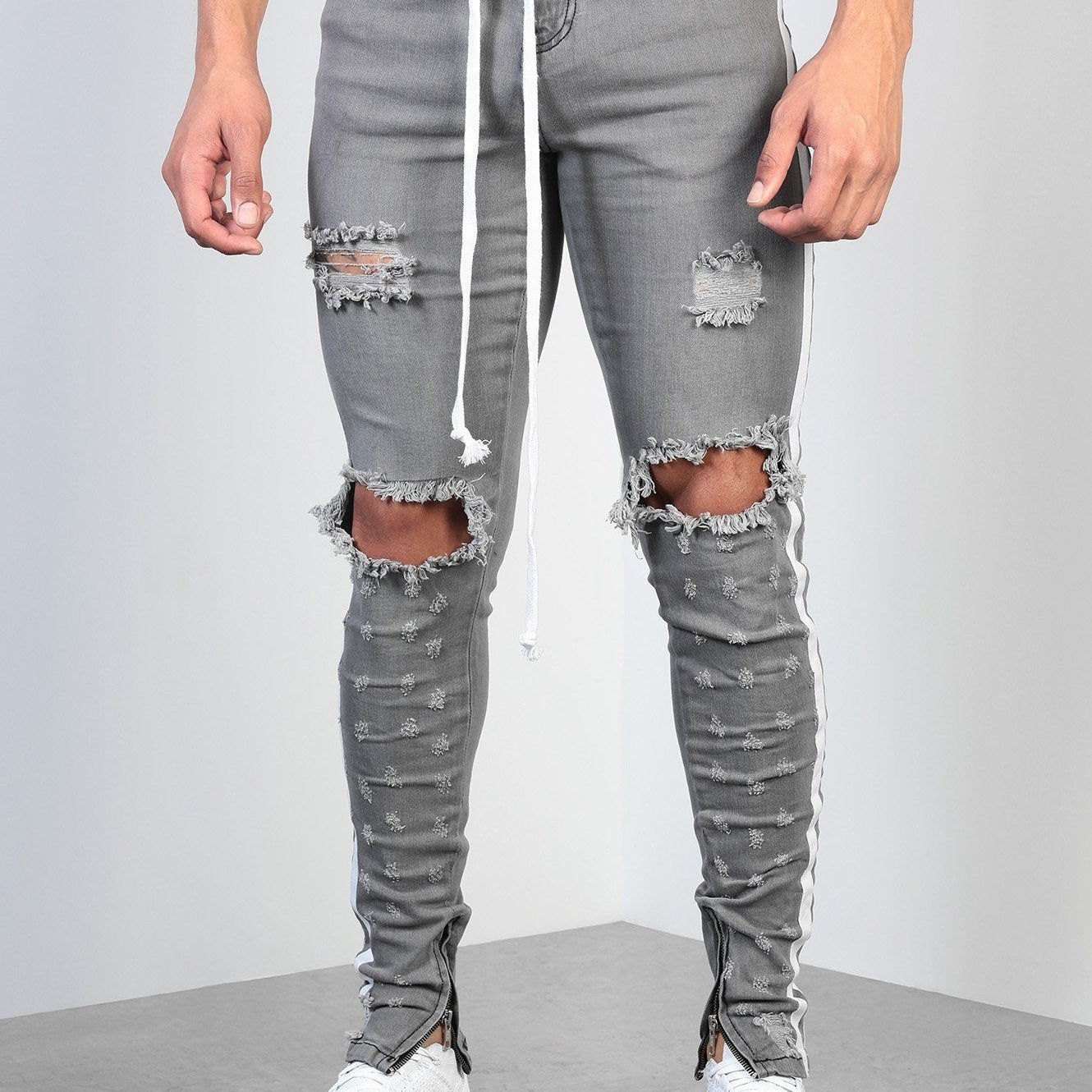 Cross Knee Ripped Zipper Jeans