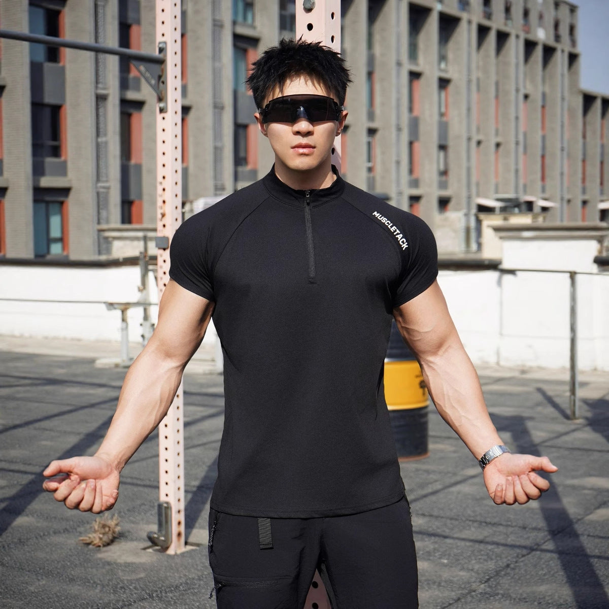 Sports Half Zipper Stand Collar T-shirt Black