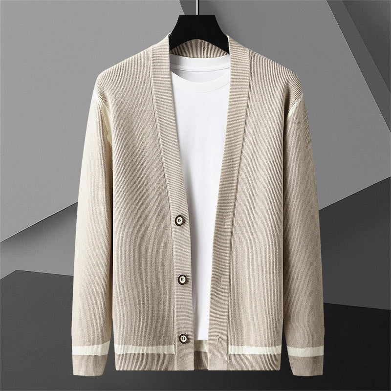 Cardigan Men's Long Sleeved Sweater Coat Beige Green