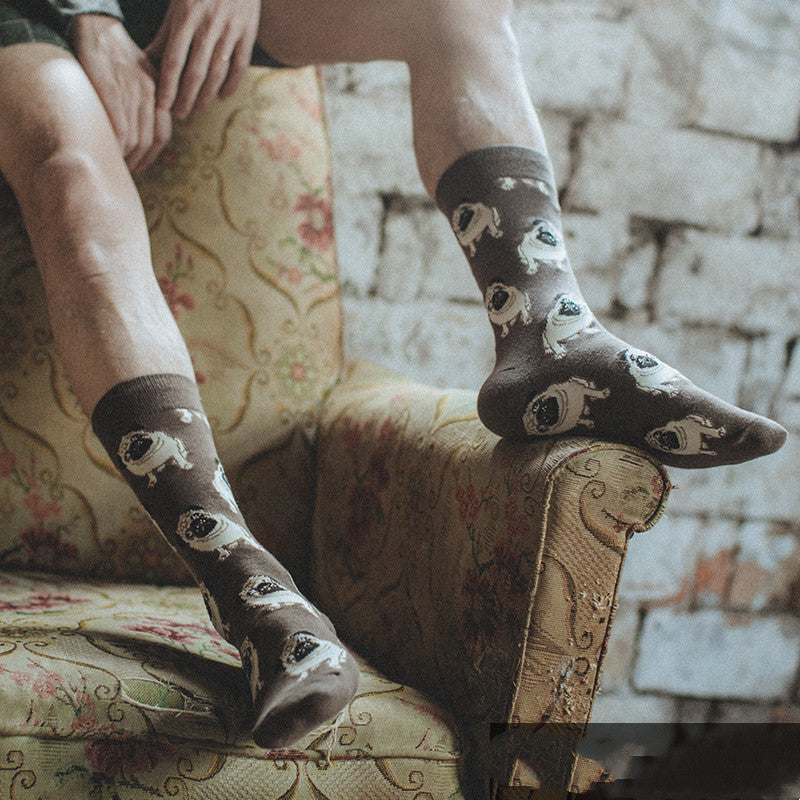 Couple Retro Pure Cotton Mid Tube Floral Socks E