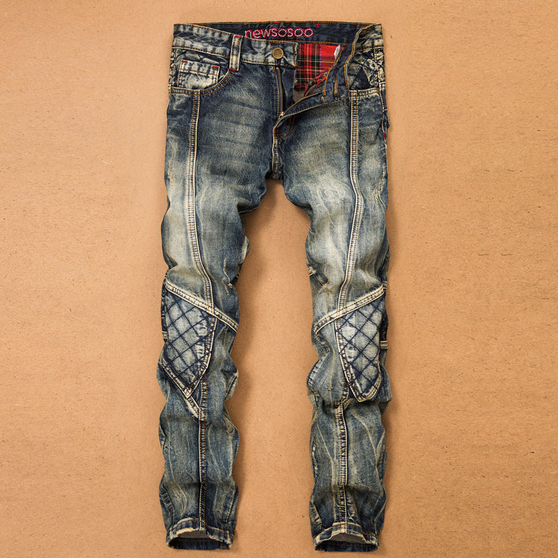 Jeans For Men Cargo Pants Splicing Denim Trousers Biker High Quality Blue