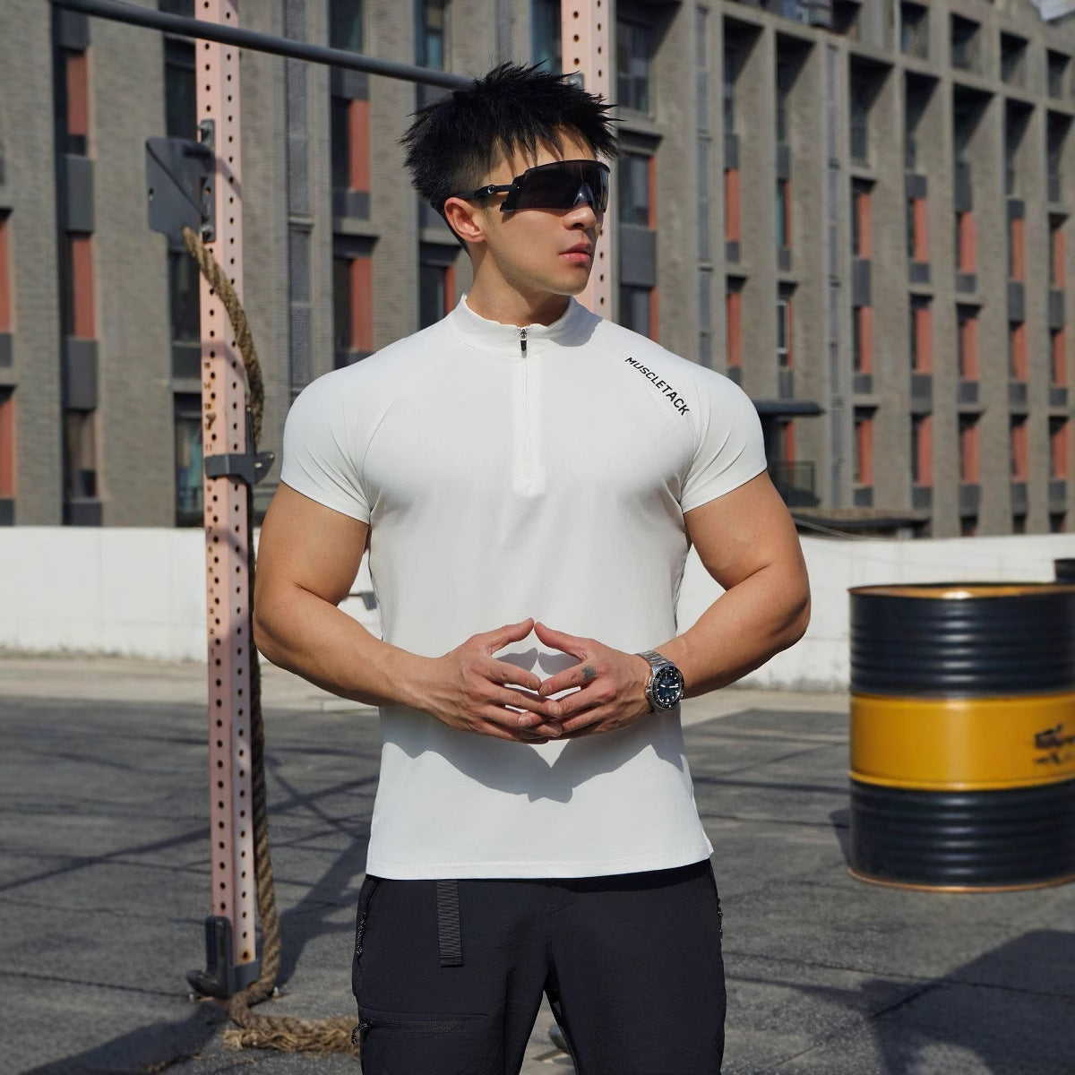 Sports Half Zipper Stand Collar T-shirt White
