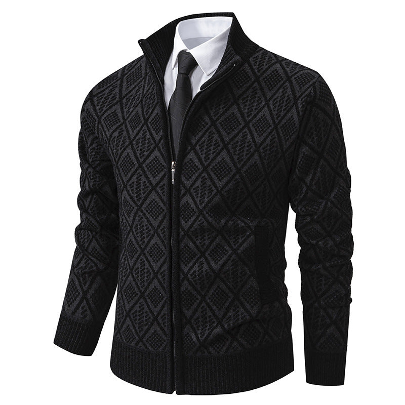 Fleece-lined Thickening Stand Collar Sweater Korean Style Casual Zipper Sweater Black
