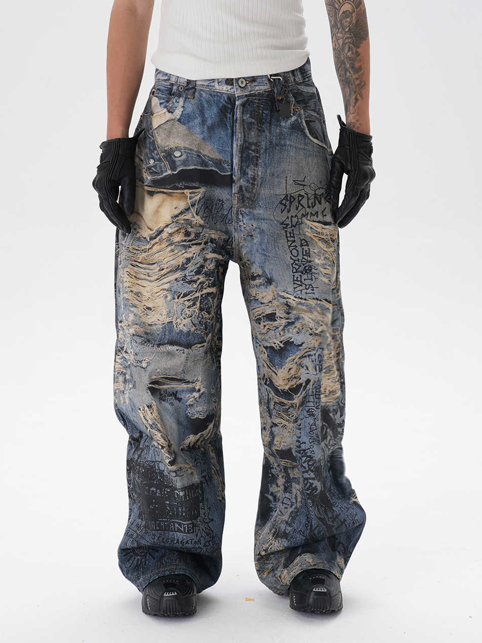 Ripped Graffiti Straight Jeans