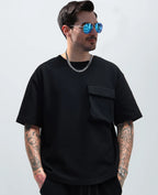 Patch Pocket Champray Crew Neck Casual Loose 5-point Sleeve Top Black