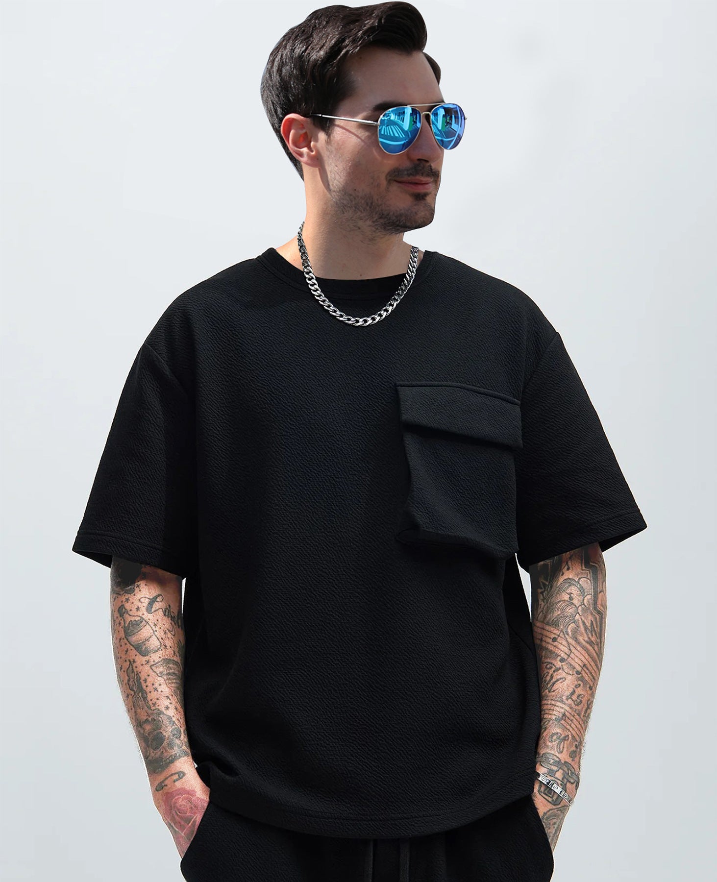 Patch Pocket Champray Crew Neck Casual Loose 5-point Sleeve Top Black