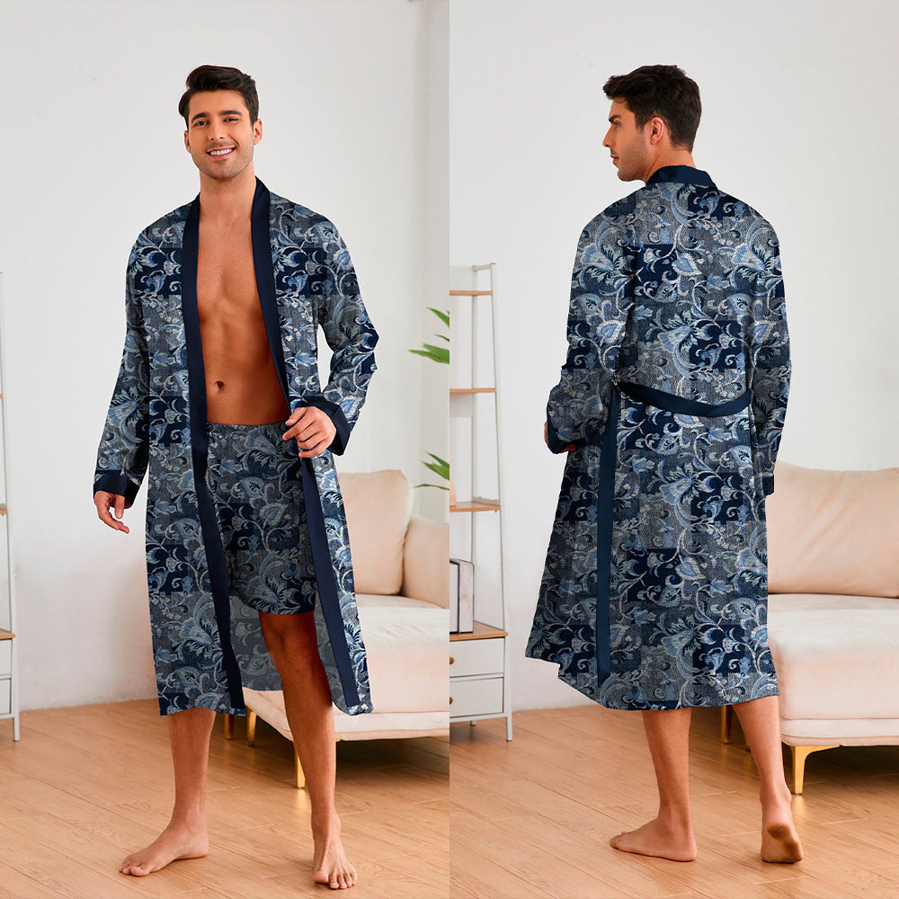 Printing Robes Long Sleeve Shorts Suit Blue Flower With Cloth Pattern