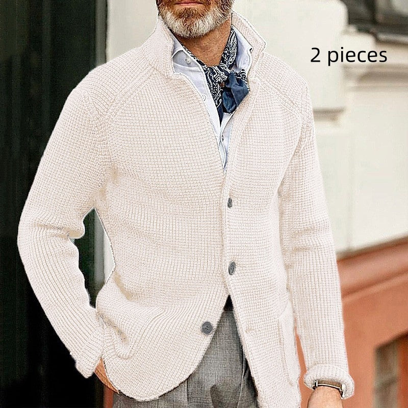Long-sleeved Knitted Cardigan Stand Collar Sweater White 2 pieces