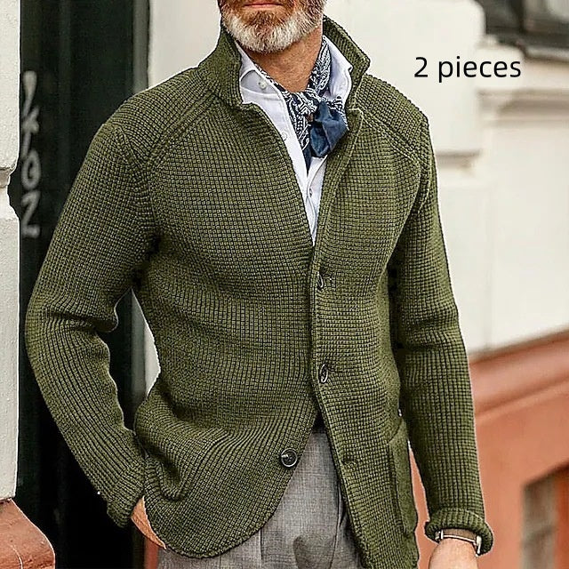 Long-sleeved Knitted Cardigan Stand Collar Sweater Army Green 2 pieces
