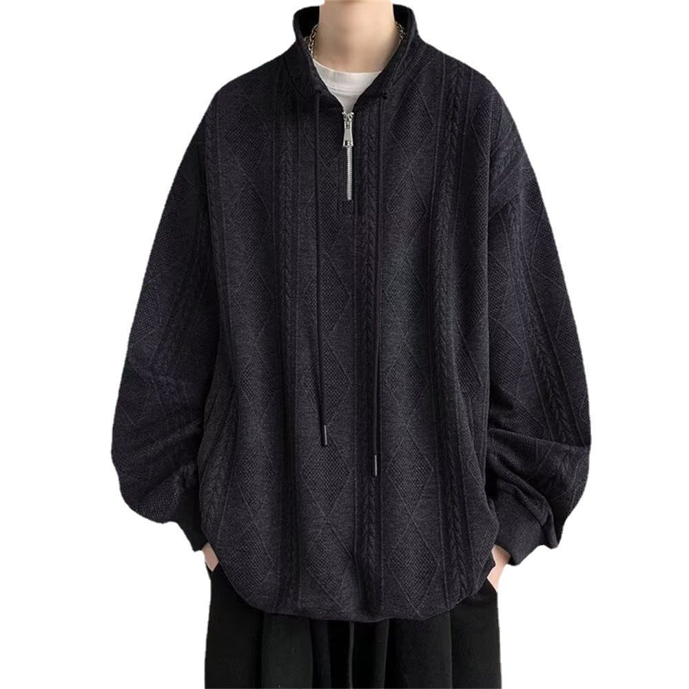 Half Zipper Creamy-white Jacquard Stand Collar Sweater