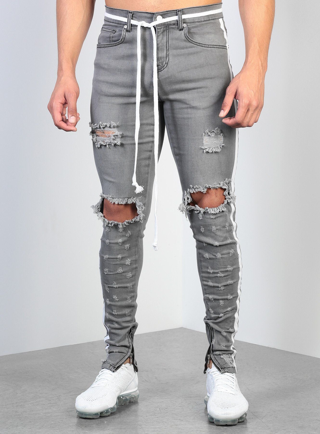 Cross Knee Ripped Zipper Jeans